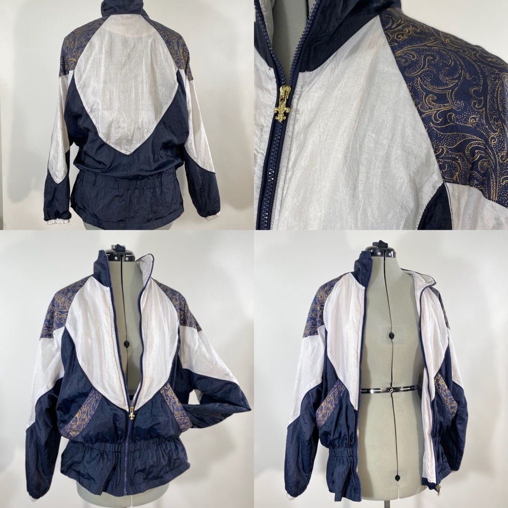 Vintage Windbreaker Track Jacket Navy Gold Celestial Paisley Peplum Colorblock